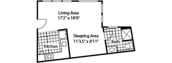 A floor plan of a small apartment with a living area, sleeping area, kitchen, and bath.