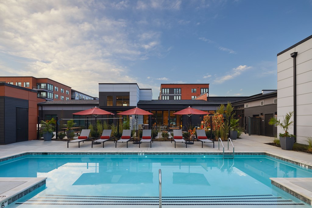 A swimming pool with red sunshades and chairs around it.