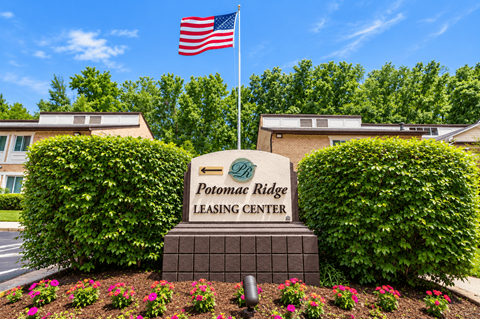 A leasing center sign is in front of two houses with a flag on top.