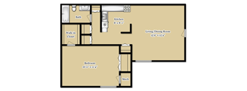 A floor plan of a room with a bedroom, kitchen, living/dining room, and bathroom.