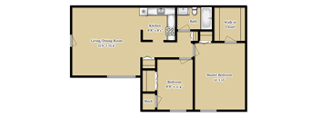 A floor plan of a house with a living room, kitchen, bath, closet, master bedroom, and a mech.