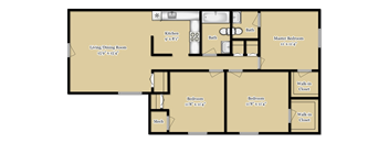 A floor plan of a house with a living/dining room, kitchen, two bathrooms, two bedrooms, a master bedroom, and a mech.
