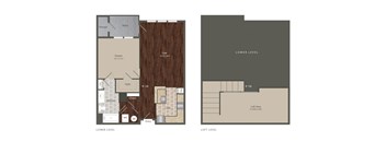 A floor plan shows a layout with a loft area and a lower level with a wood grain wall.