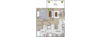 A floor plan of a house showing a living room, kitchen, bedroom, bathroom, and closet.