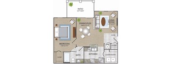 A floor plan of a house with a living room, dining/flex space, kitchen, bedroom, bath, and patio.