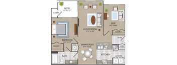 A floor plan of a house with a living room, dining/flex space, kitchen, bedroom, and bathroom.