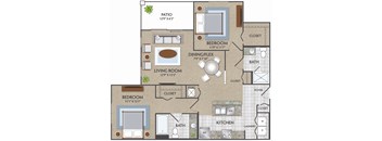 A floor plan of a house with a living room, two bedrooms, a dining/flex space, a kitchen, a bath, and a patio.