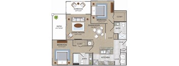 A floor plan of a house with a sunroom, two bedrooms, a living room, a dining/flex space, a kitchen, a bath, and a foyer.