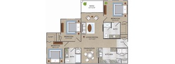 A floor plan of a house with a patio, four bedrooms, a living room, a dining/flex space, a kitchen, and a foyer.