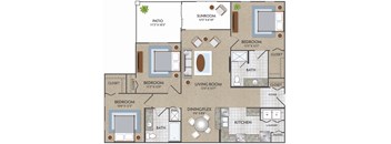 A floor plan of a house with a sunroom, patios, and a kitchen.