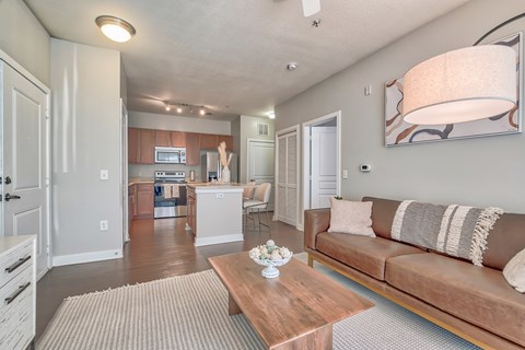 A living room with a brown couch and a coffee table.