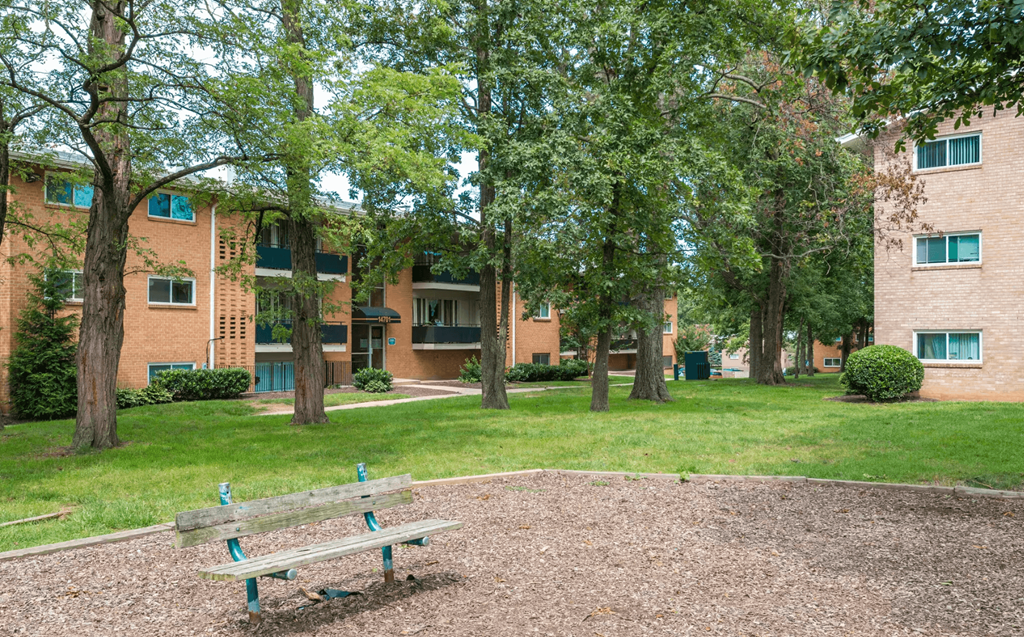 Park with sitting area at Laurel Pines, Laurel, Maryland