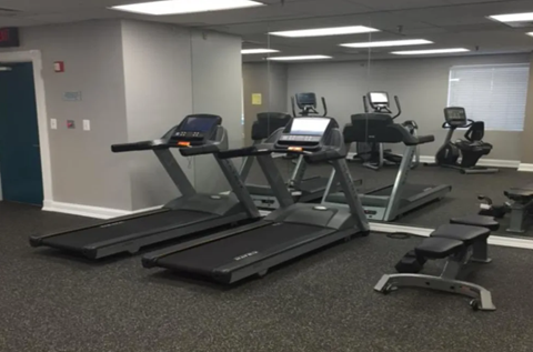 A gym with treadmills and elliptical machines.
