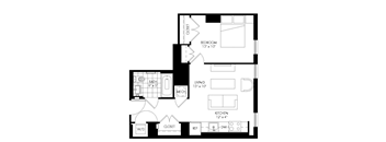 A floor plan of a small apartment with a bedroom, bathroom, kitchen, living room, and a workspace.
