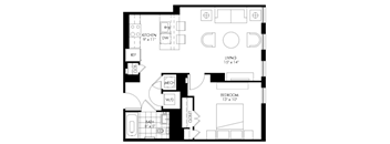 A black and white floor plan of a small apartment with a kitchen, living room, bedroom, and bathroom.