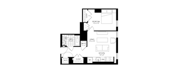 A black and white floor plan of a small apartment with a bedroom, living room, kitchen, bathroom, and closet.