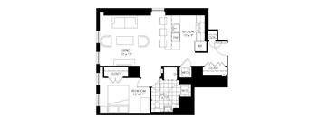 A black and white image of a house floor plan with a living room, kitchen, bedroom, bathroom, and closet.