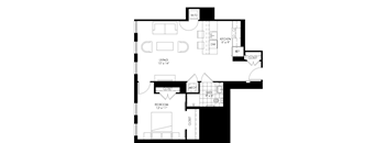 A black and white floor plan of a house with a living room, kitchen, bathroom, and bedroom.