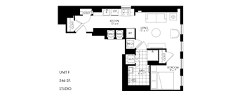 A black and white floor plan of a studio apartment.