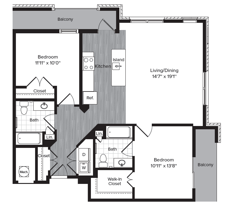 A black and white image of a house floor plan with a balcony.