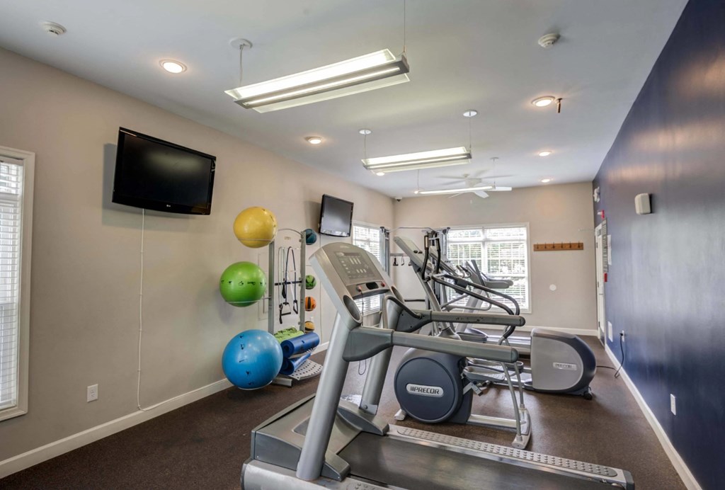 A home gym with a treadmill, exercise balls, and a television at Park at Winterset Apartments, Owings Mills, MD, 21117