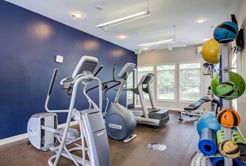 Fitness center with cardio equipment and medicine balls at Park at Winterset Apartments, Maryland, 21117