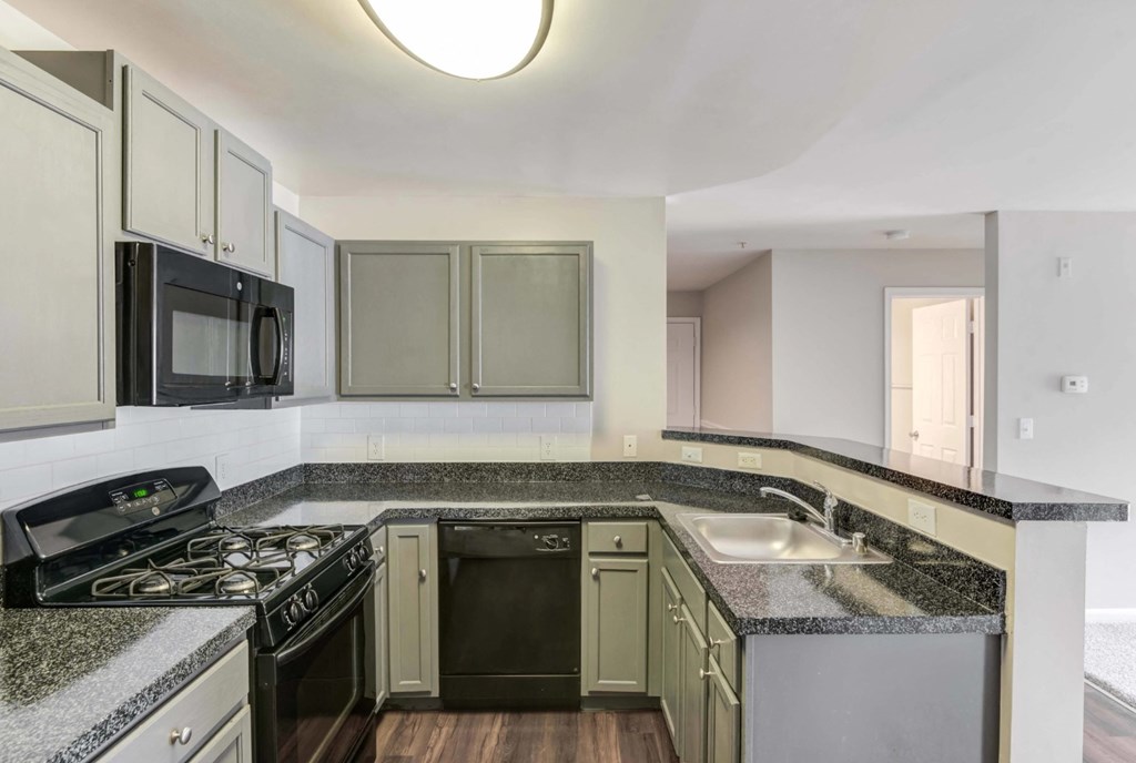 A kitchen with a black stove top oven and a black microwave at Park at Winterset Apartments, Owings Mills 21117
