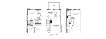 A set of three floor plans for a house with three bedrooms and a garage.