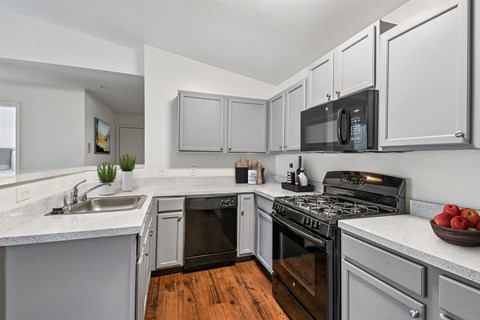 A modern kitchen with a black stove top oven and a black microwave above the stove.