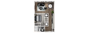 A top-down view of a modern apartment layout with a living room, kitchen, and bathroom.