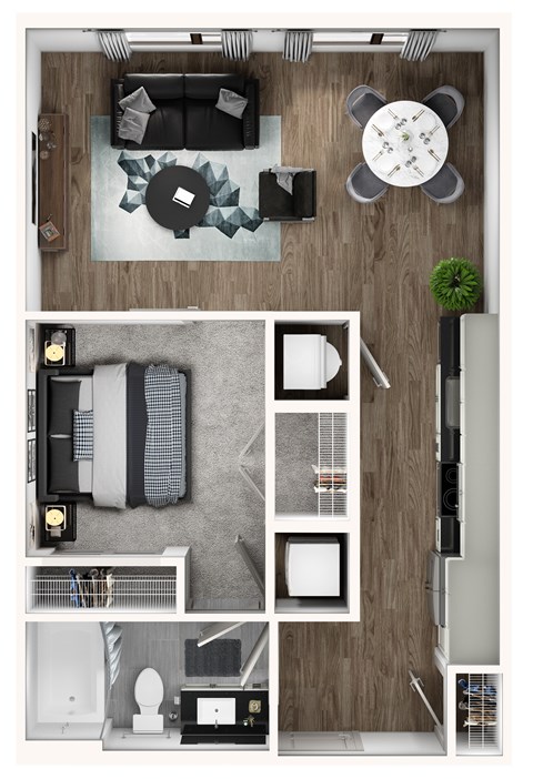 A top-down view of a modern apartment layout with a living room, kitchen, and bathroom.