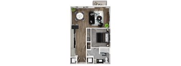 A top-down view of a small, modern apartment with a kitchen, living room, and bathroom.