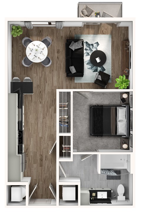 A top-down view of a small, modern apartment with a kitchen, living room, and bathroom.