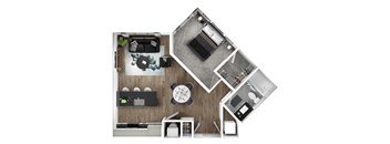 A top down view of a modern kitchen and living room.