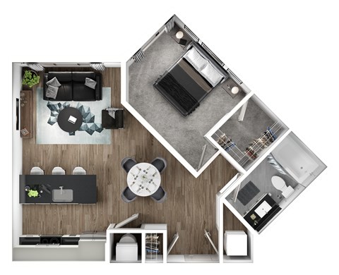 A top down view of a modern kitchen and living room.