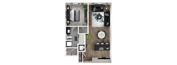 A modern apartment layout with a living area, kitchen, and bathroom.