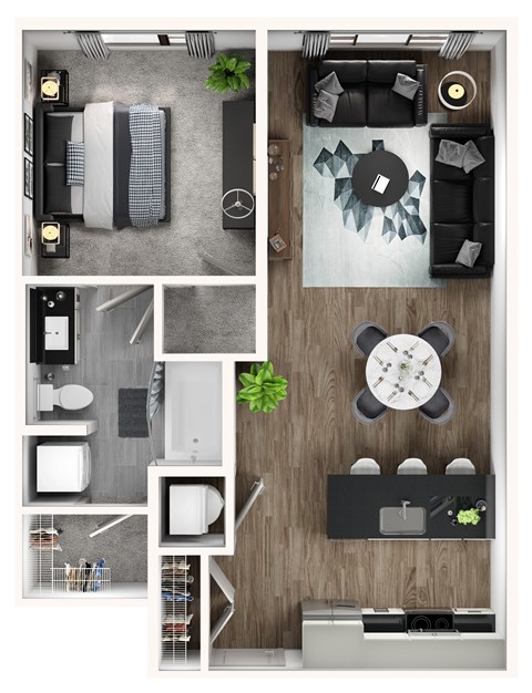 A modern apartment layout with a living area, kitchen, and bathroom.