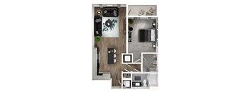 A modern apartment layout with a living room, kitchen, and bathroom.