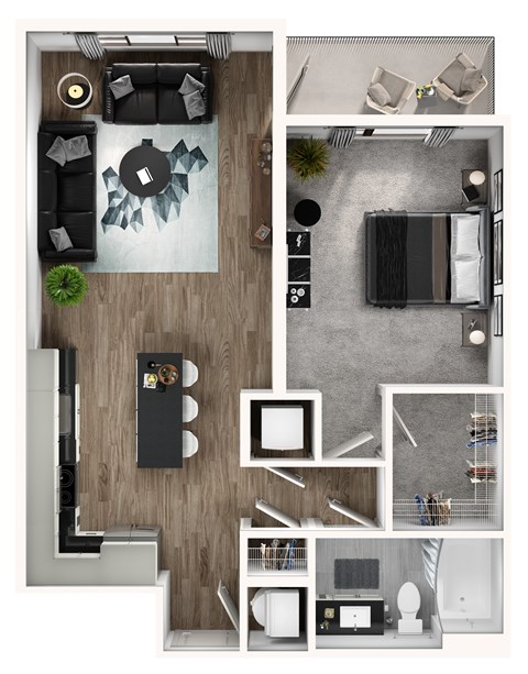 A modern apartment layout with a living room, kitchen, and bathroom.