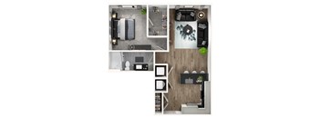 A top-down view of a modern apartment layout with a kitchen, living room, and bathroom.