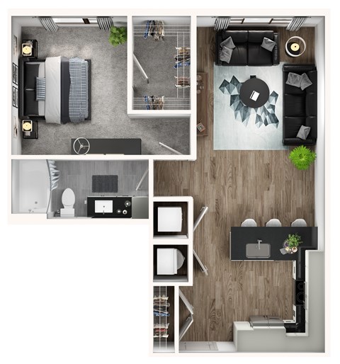A top-down view of a modern apartment layout with a kitchen, living room, and bathroom.