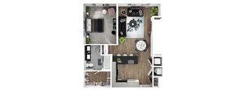 A series of images showing different layouts of a modern kitchen and living room.
