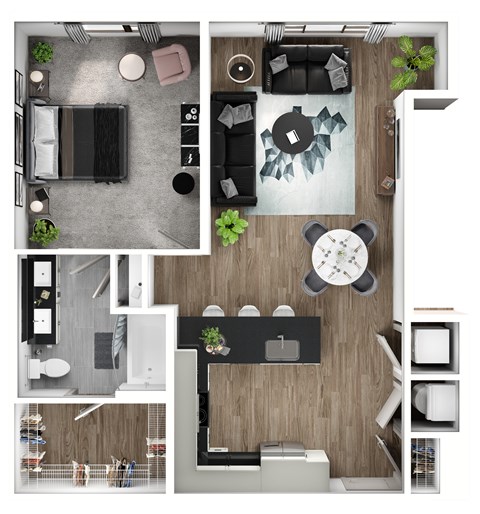 A series of images showing different layouts of a modern kitchen and living room.