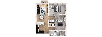 A top-down view of a modern apartment layout with a kitchen, living room, and bathroom.