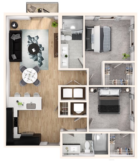 A top-down view of a modern apartment layout with a kitchen, living room, and bathroom.
