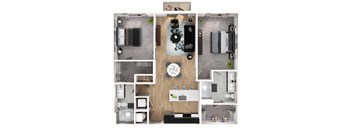A top-down view of a modern apartment layout with various rooms and furniture.
