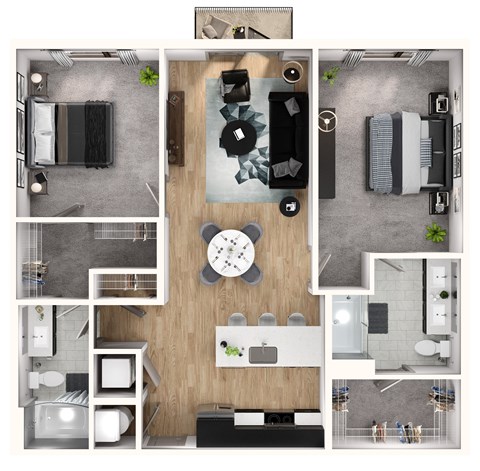 A top-down view of a modern apartment layout with various rooms and furniture.