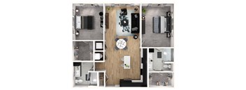 A top-down view of a modern apartment layout with a kitchen, living room, and bathroom.