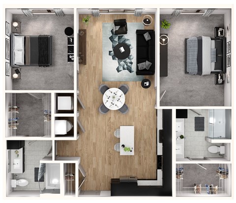 A top-down view of a modern apartment layout with a kitchen, living room, and bathroom.