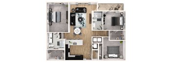 A series of images showing different layouts of a bedroom, living room, and kitchen.